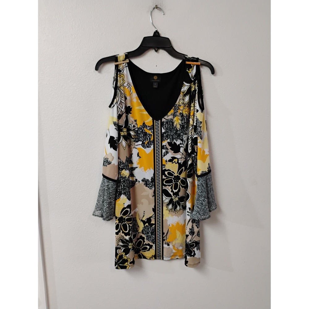 JM Collection Floral Cold Shoulder Tunic Top Yellow Black XL Bell Sleeve V-Neck